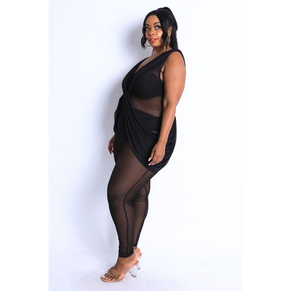 Women's Plus Size Jumpsuit Sleeveless Lightweight Draped Mesh Jumpsuit - Picture 7 of 12